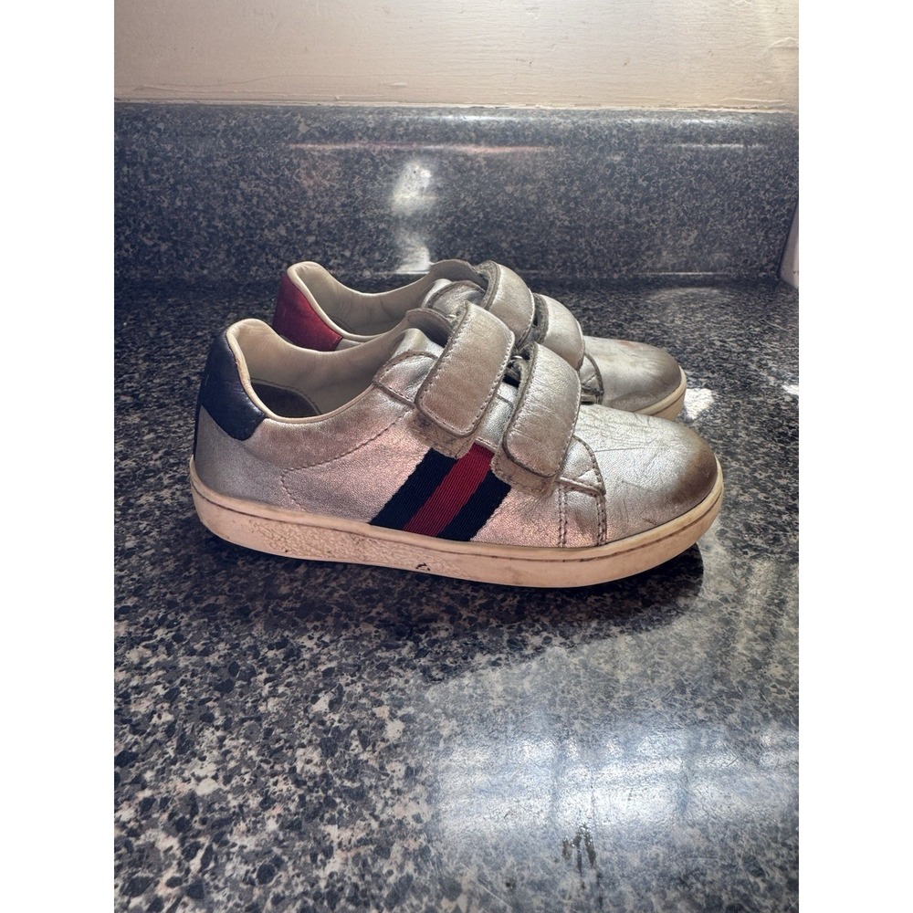 Gucci Toddler Leather Low-Top Silver Metallic Sneakers - Size Kids EU 25‎ / US 9